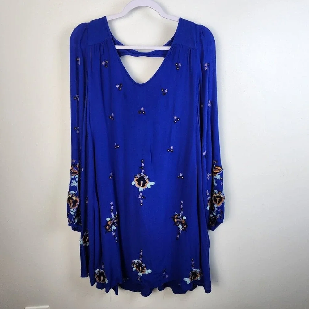 Free People‎ Cobalt Blue Oxford Embroidered Mini Swing Dress Small